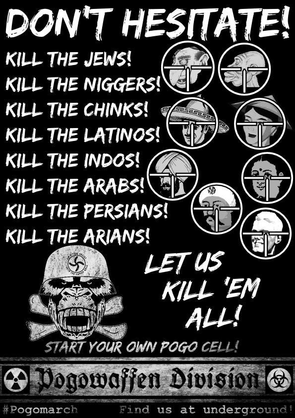 Pogowaffen Division - Dont hesitate - Kill the Jews - Kill the Niggers - Kill the Chinks - Kill the Latinos - Kill the Arians - Let us kill em all - Pogomarch - APPD